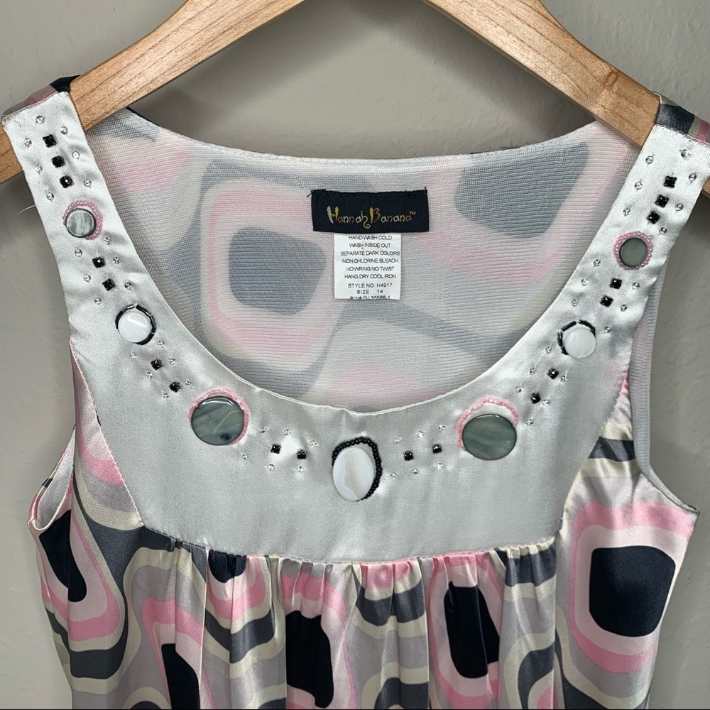 HANNAH BANANA Embellished Retro Print Dress Mod 70’s Bubble Hem Sleeveless 14 - Picture 3 of 14